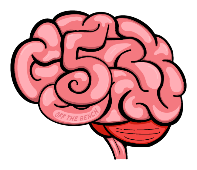 Illustration of a brain whose folds form the number 5, captioned Off The Bench