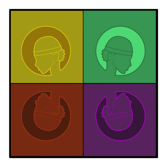 Four-panel pop-art print of the same profile portrait in gold, green, rust and purple